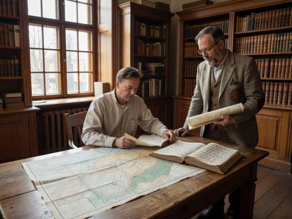 Historical researcher reviewing topographical site maps and runic catalog volumes at a wooden desk in natural light