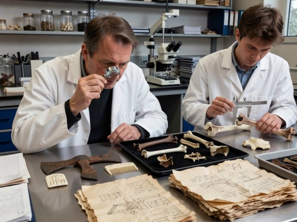 Archaeological scientist in a research lab examining Viking Age artefacts and bone samples beside excavation field notes