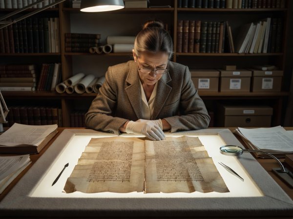 Philologist leaning over a conservation table to inspect ink marginalia on a thirteenth-century Icelandic parchment leaf